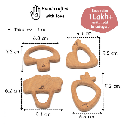Wooden neem teethers handcrafted with smooth finish and 1 cm thickness designed in baby safe sizes for easy grip and play.