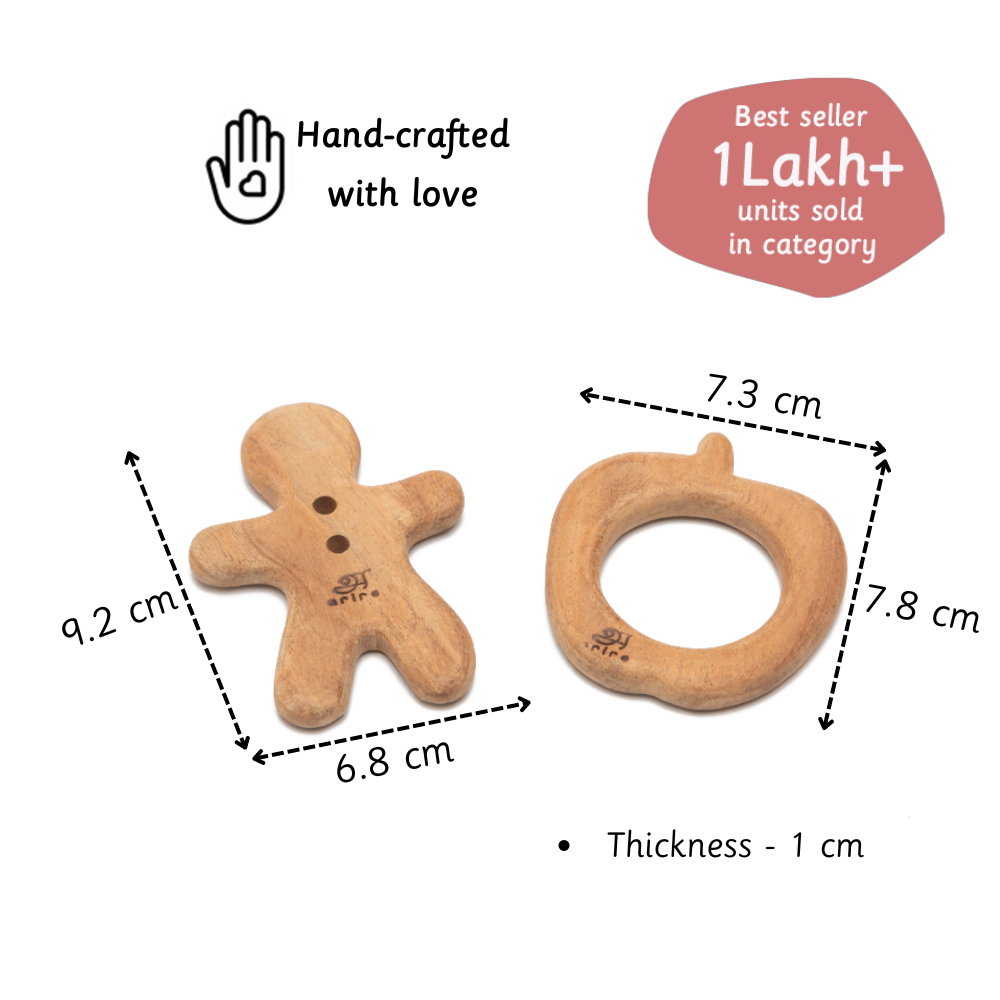 Handcrafted neem wood teethers with 1 cm thickness, shown with exact dimensions—best seller with 1 lakh+ units sold, made with love for babies.