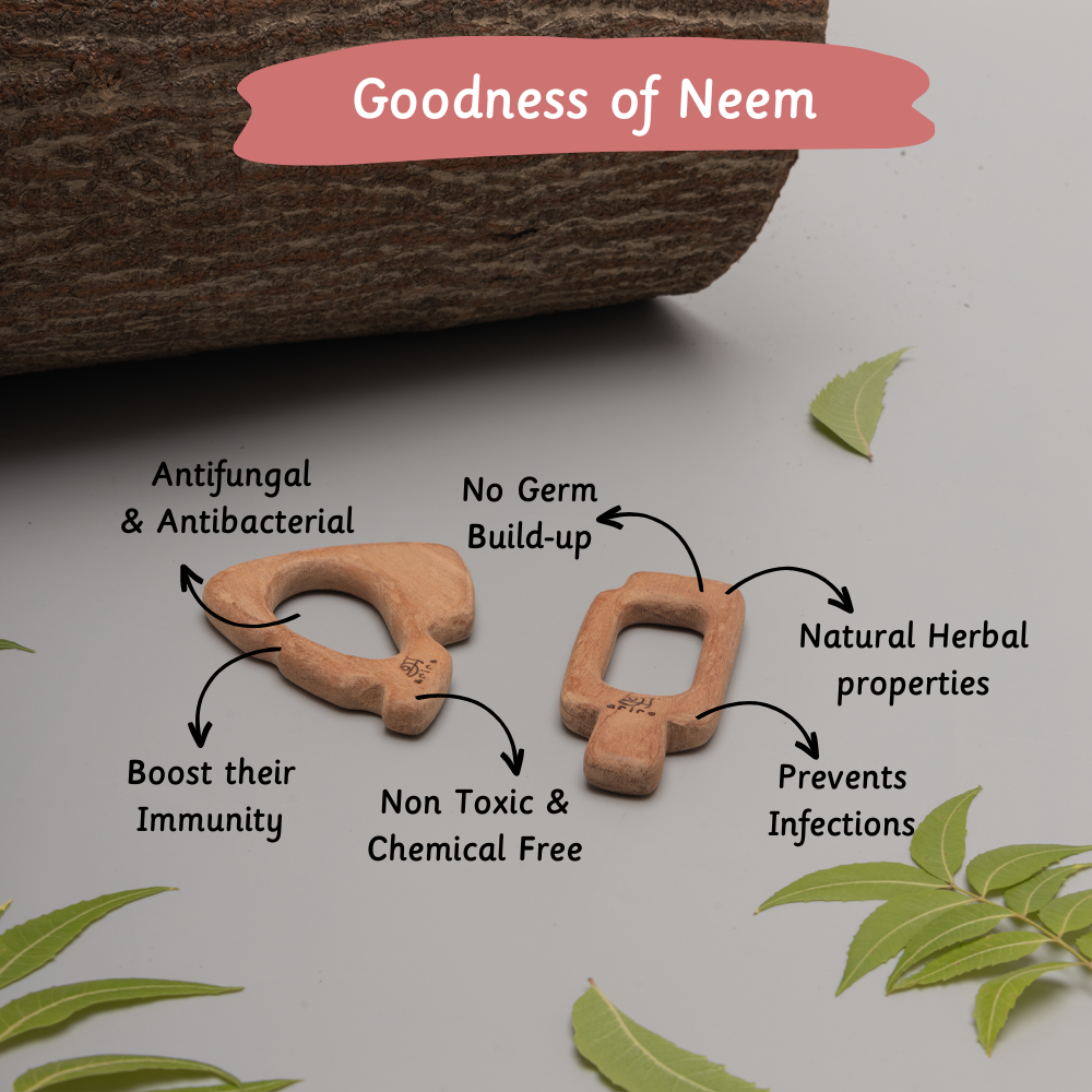 Two neem wood teethers  highlighting their natural benefits—antifungal, antibacterial, non-toxic, immunity-boosting, germ-resistant, and infection-preventing.