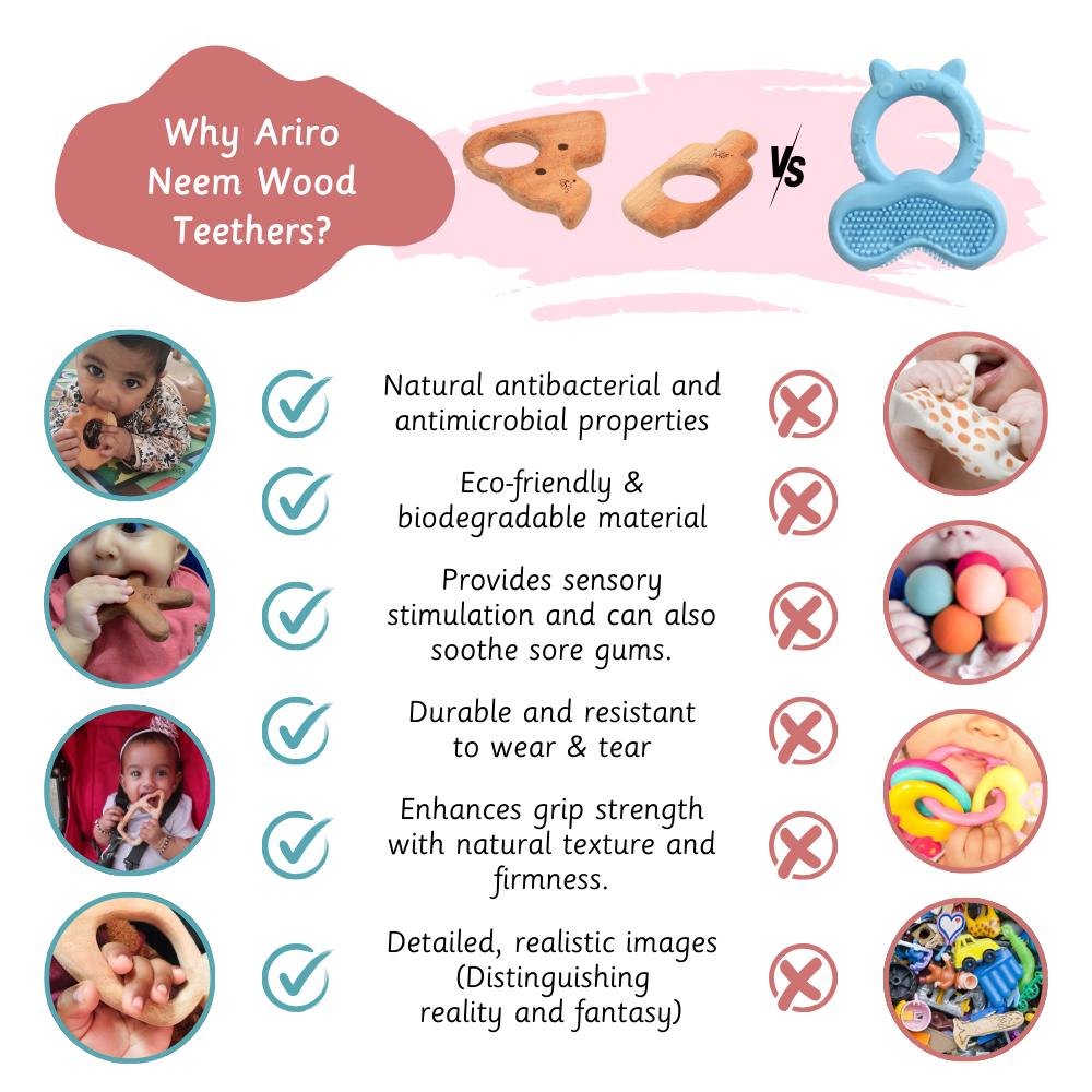 Ariro Neem Wood Teethers are eco-friendly, antibacterial, durable, sensory-rich, easy to grip, and support realistic learning—unlike plastic ones.