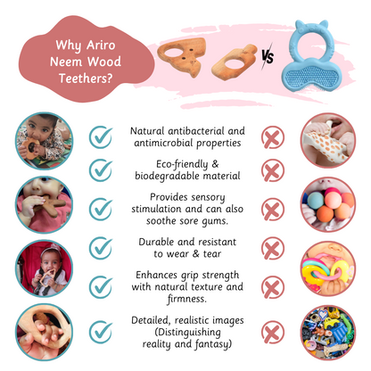 Ariro Neem Wood Teethers are eco-friendly, antibacterial, durable, sensory-rich, easy to grip, and support realistic learning—unlike plastic ones.