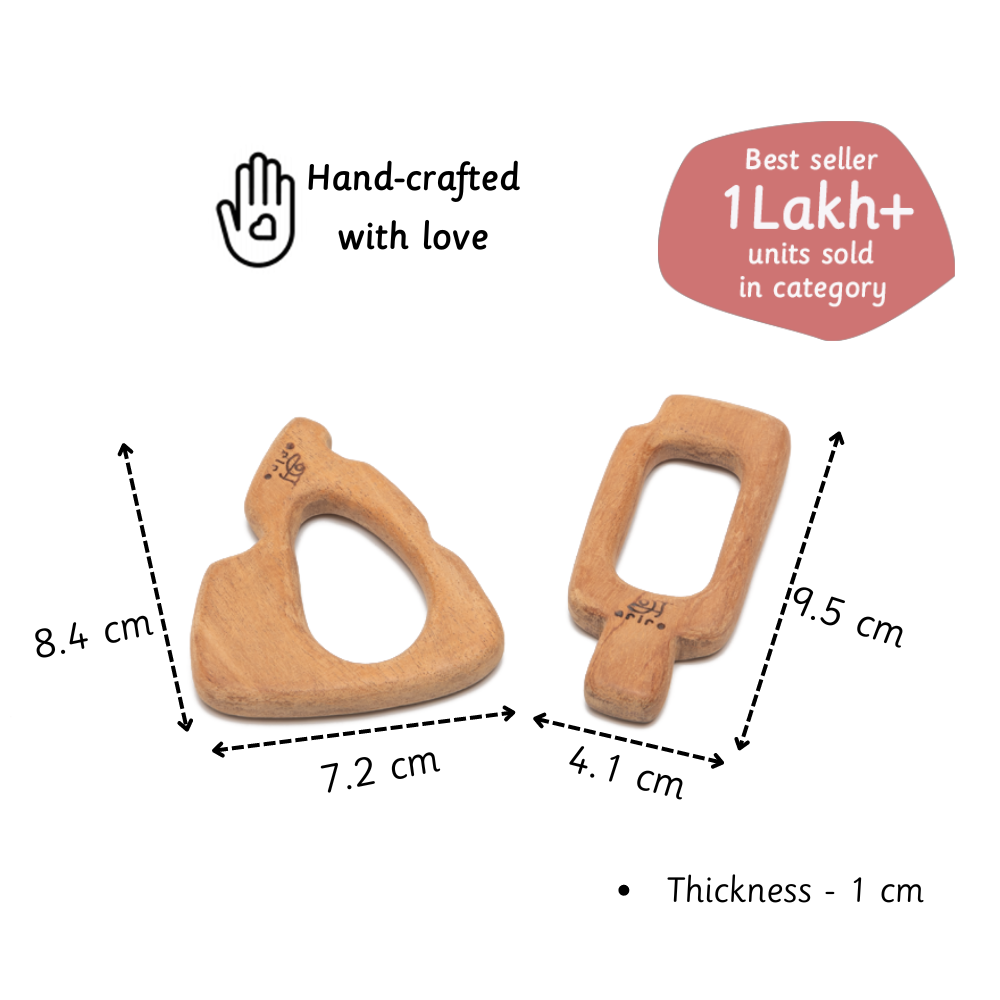 Two handcrafted neem wood teethers are shown with labeled dimensions and 1 cm thickness—highlighting that over 1 lakh units have been sold in the category.