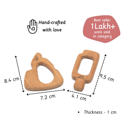 Two handcrafted neem wood teethers are shown with labeled dimensions and 1 cm thickness—highlighting that over 1 lakh units have been sold in the category.