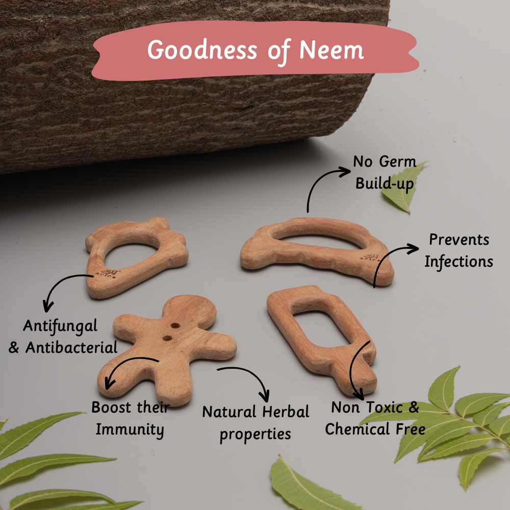 Wooden neem teethers with natural antibacterial and antifungal properties designed to boost immunity and prevent infections in babies.