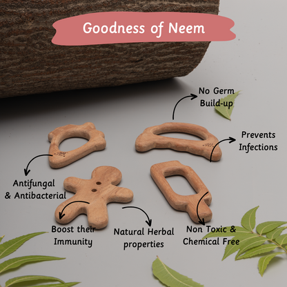 Wooden neem teethers with natural antibacterial and antifungal properties designed to boost immunity and prevent infections in babies.