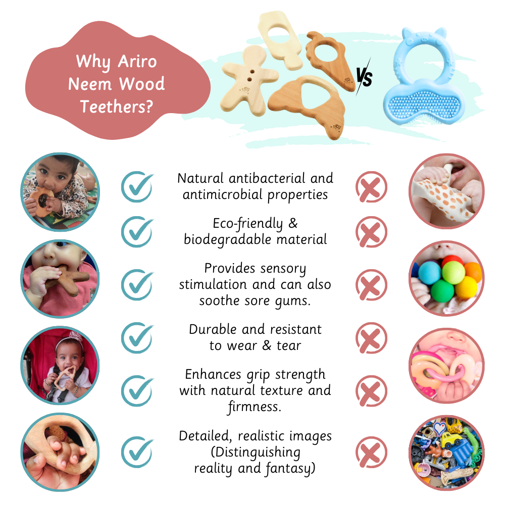 Wooden neem teethers offer natural antibacterial properties eco friendly material sensory stimulation durability and better grip for babies.