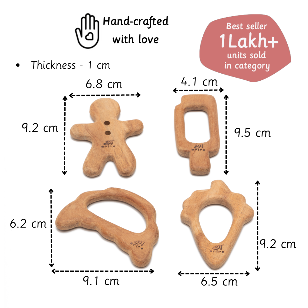 Wooden neem teethers handcrafted with smooth finish and 1 cm thickness designed in baby safe sizes for easy grip and play.










