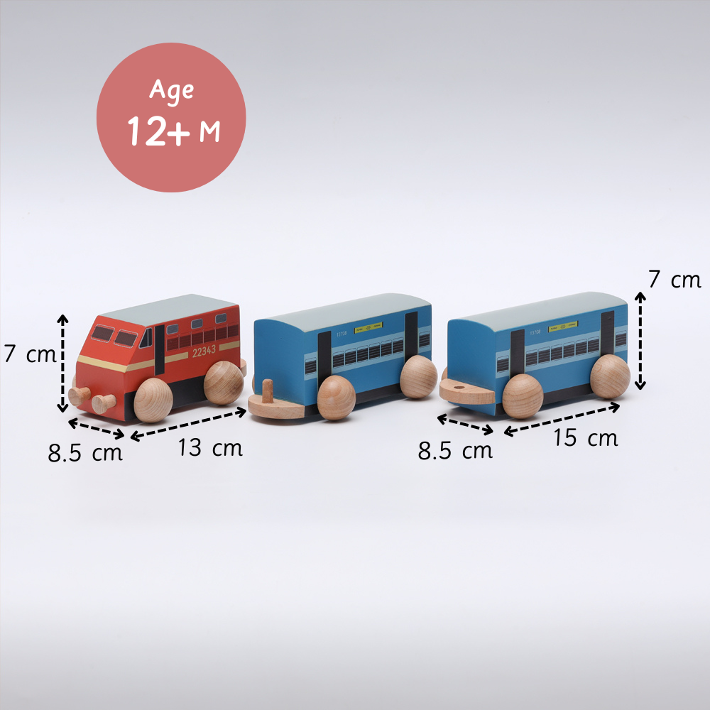 wooden pull-along train set designed for toddlers aged 12 months and above, featuring child-safe paint, smooth wheels, and eco friendly