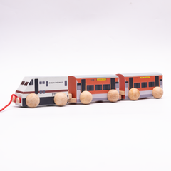 wooden train set features a classic design with smooth wooden wheels and a pull string, crafted for safe and imaginative play.