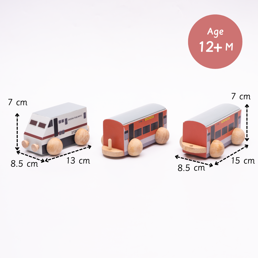 wooden pull-along train set designed for toddlers aged 12 months and above, featuring child-safe paint, smooth wheels, and eco friendly
