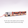 wooden train set with smooth wheels and a pull rope, designed for safe, imaginative play and easy handling by little hands