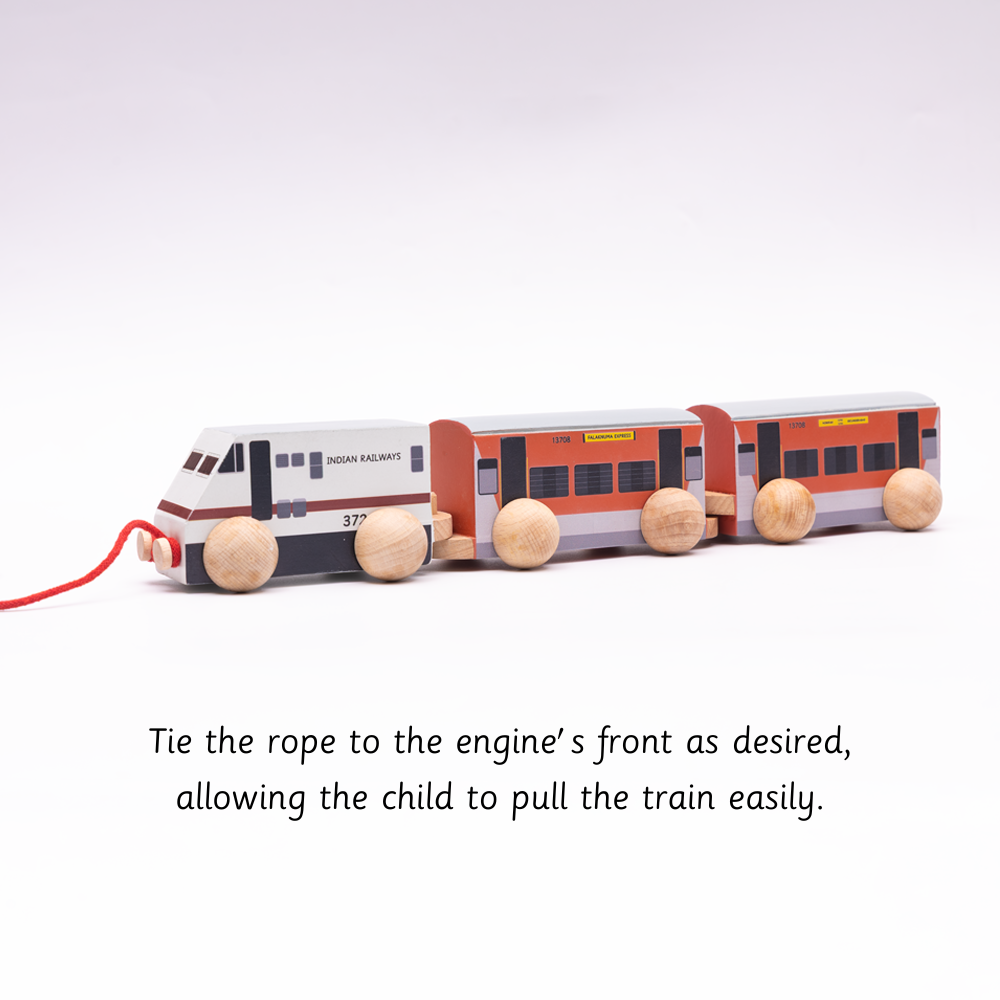 wooden train set with smooth wheels and a pull rope, designed for safe, imaginative play and easy handling by little hands