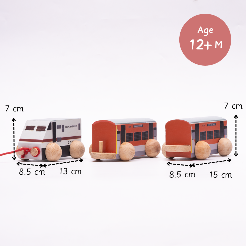 wooden pull-along train set designed for toddlers aged 12 months and above, featuring child-safe paint, smooth wheels, and eco friendly
