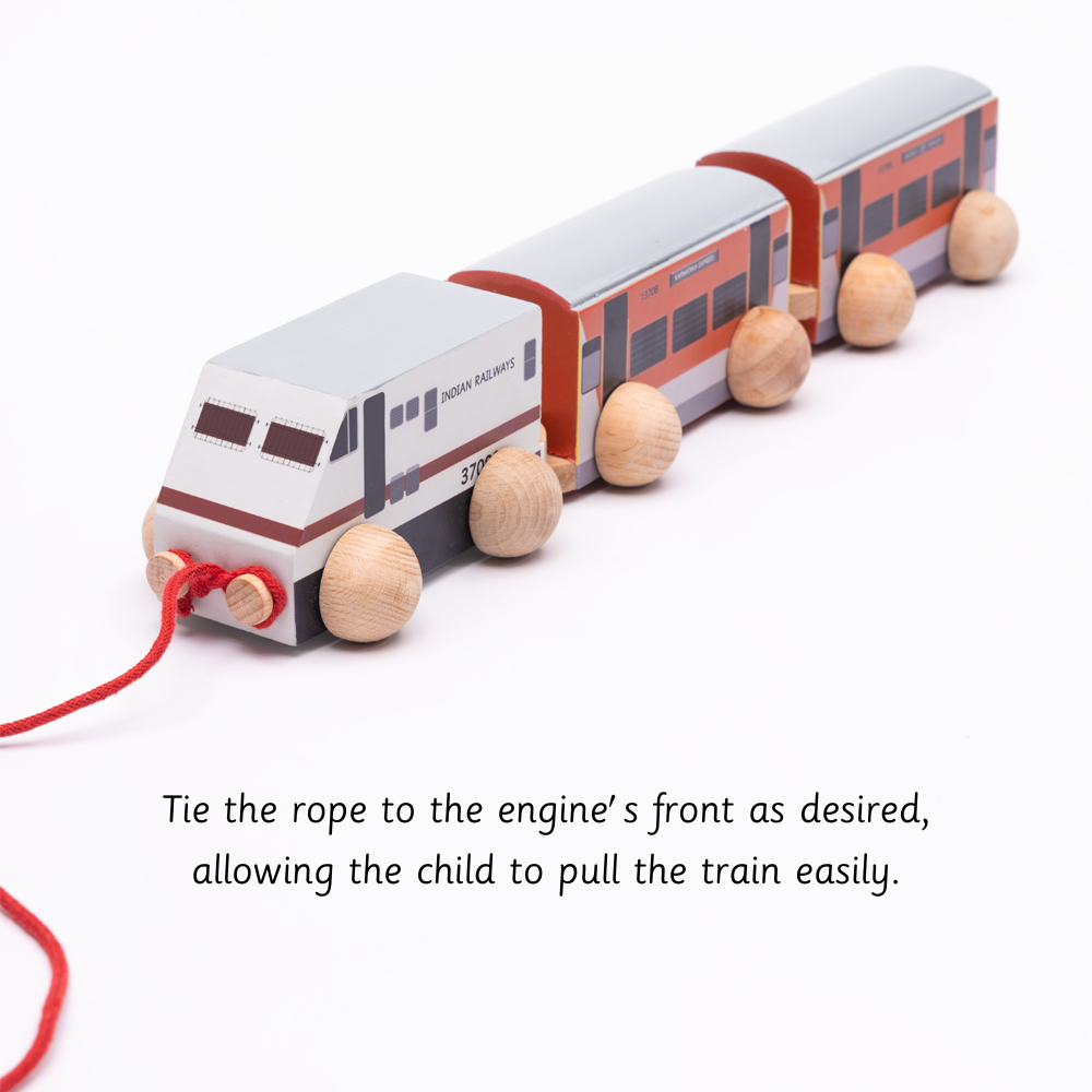 wooden train set with smooth wheels and a pull rope, designed for safe, imaginative play and easy handling by little hands