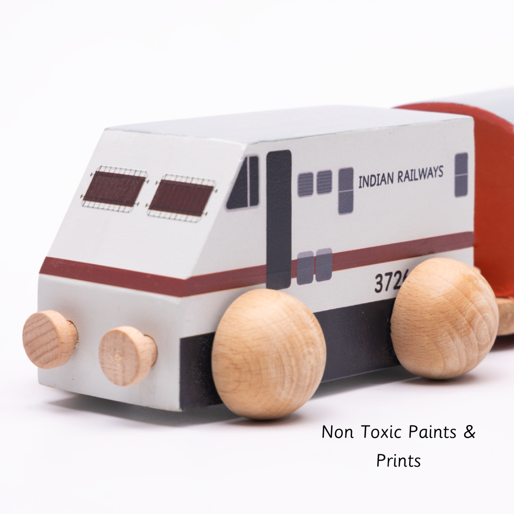  wooden train set with smooth wheels and a pull rope, designed by non toxic paints for safe, imaginative play