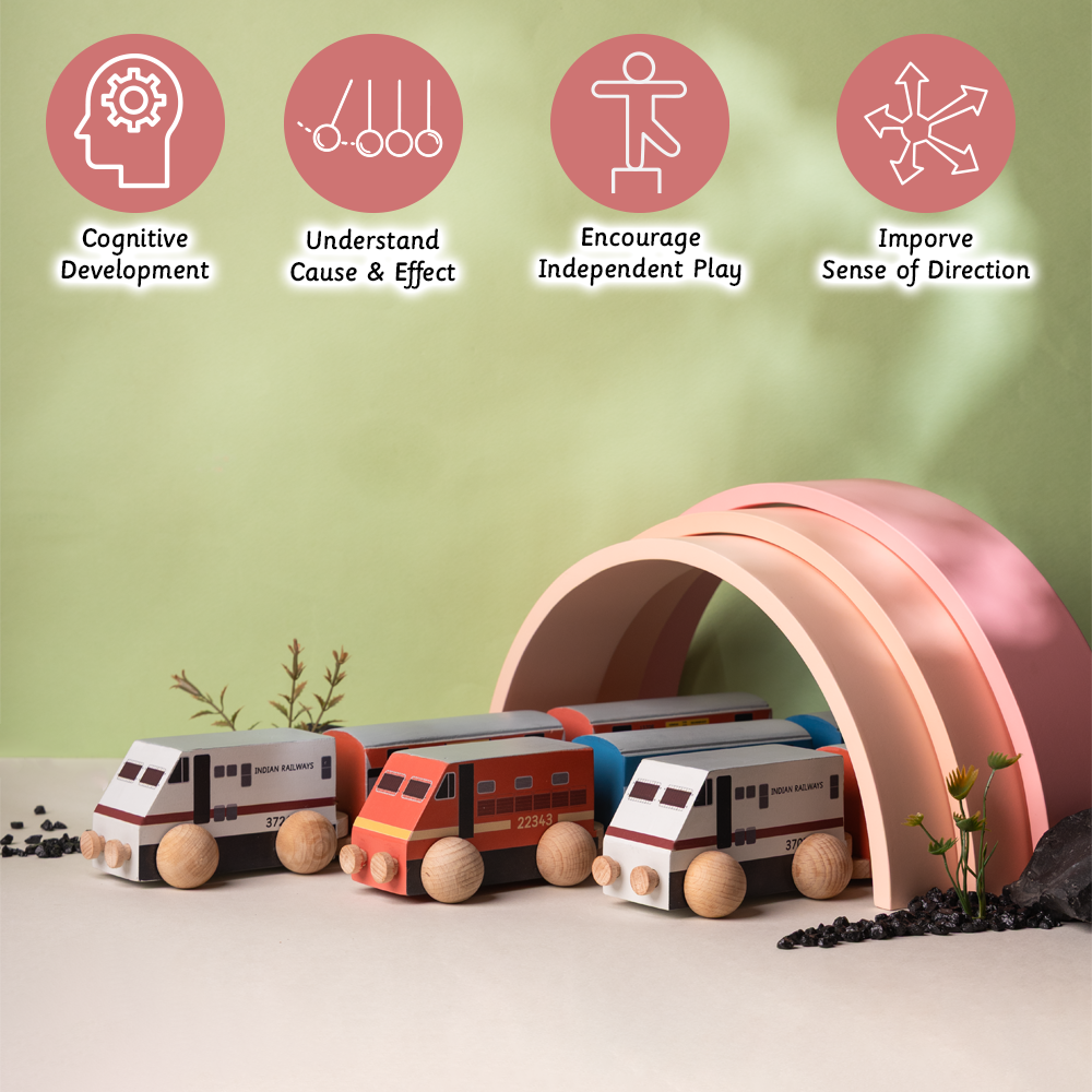 wooden train set icrease cognitive development , cause and effect , encourage independent play and improve sense of direction