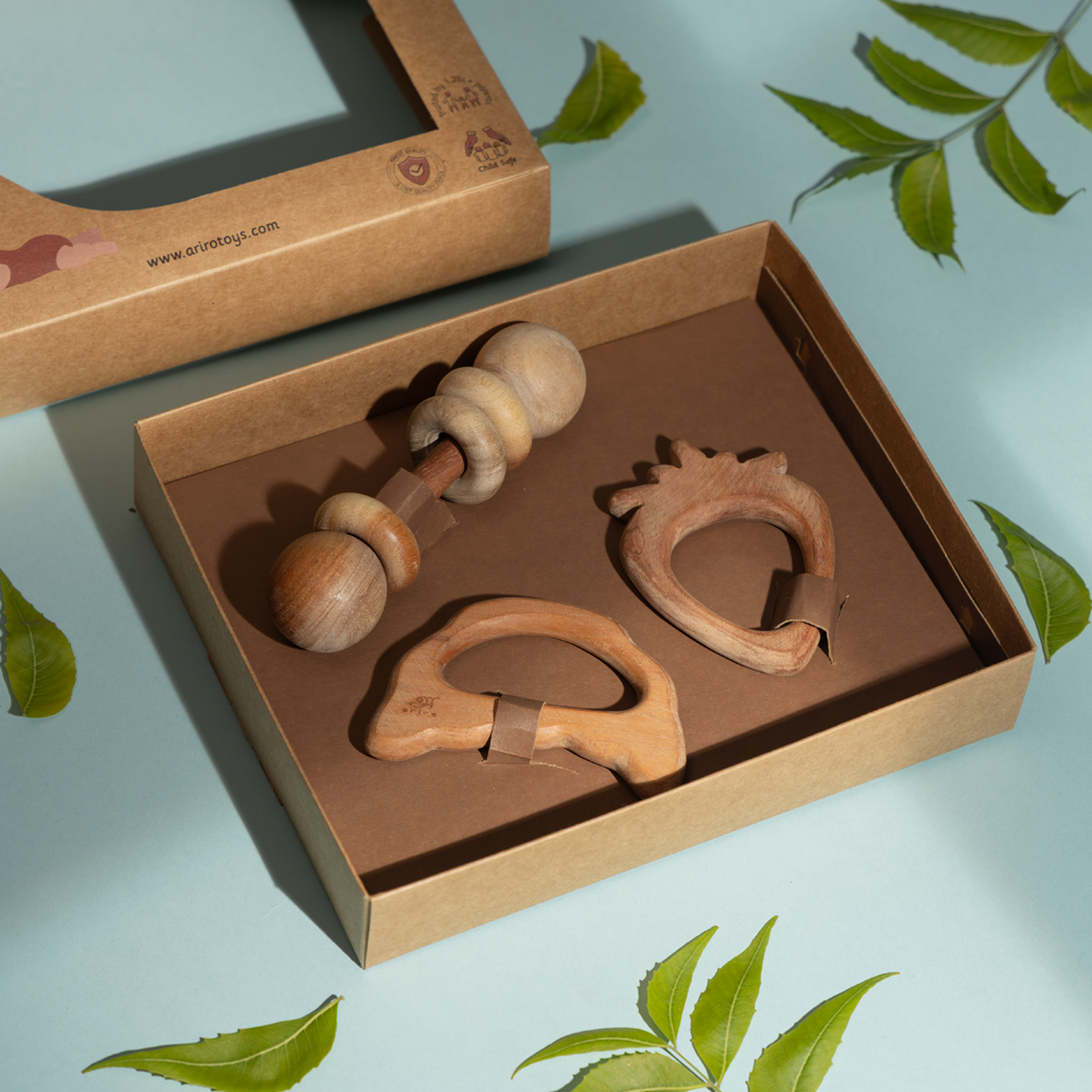 Handcrafted wooden sensory toys  for Natural material promoting grip strength and coordination for infants.