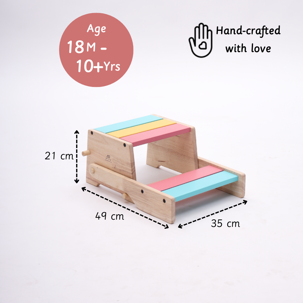 Wooden convertible step stool and chair  designed for children's comfort, safety, and ease of use—perfectly suited to their developmental needs.