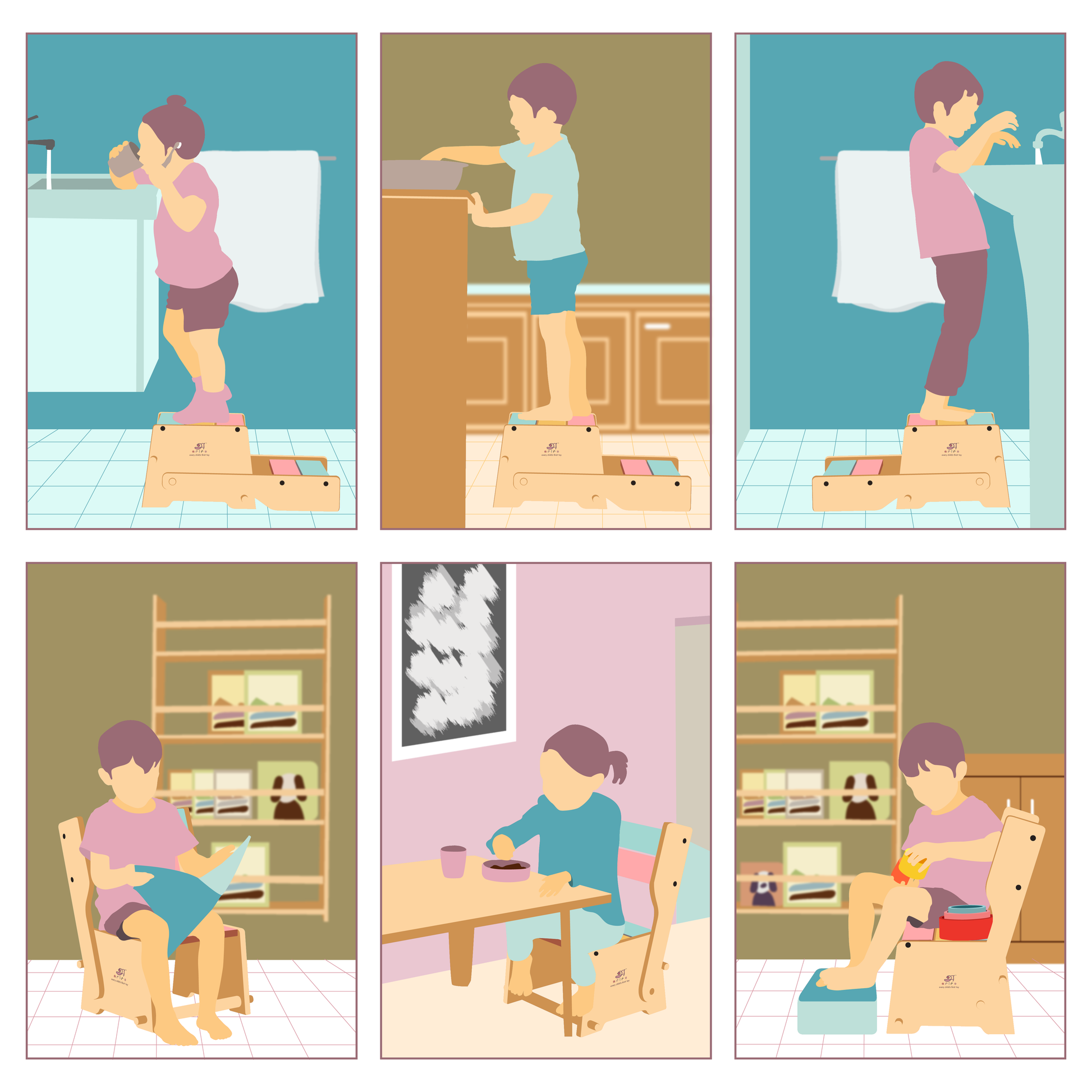 Convertible wooden stool for kids—use it as a step stool for brushing teeth or helping in the kitchen, and as a chair for reading, eating, or activities.