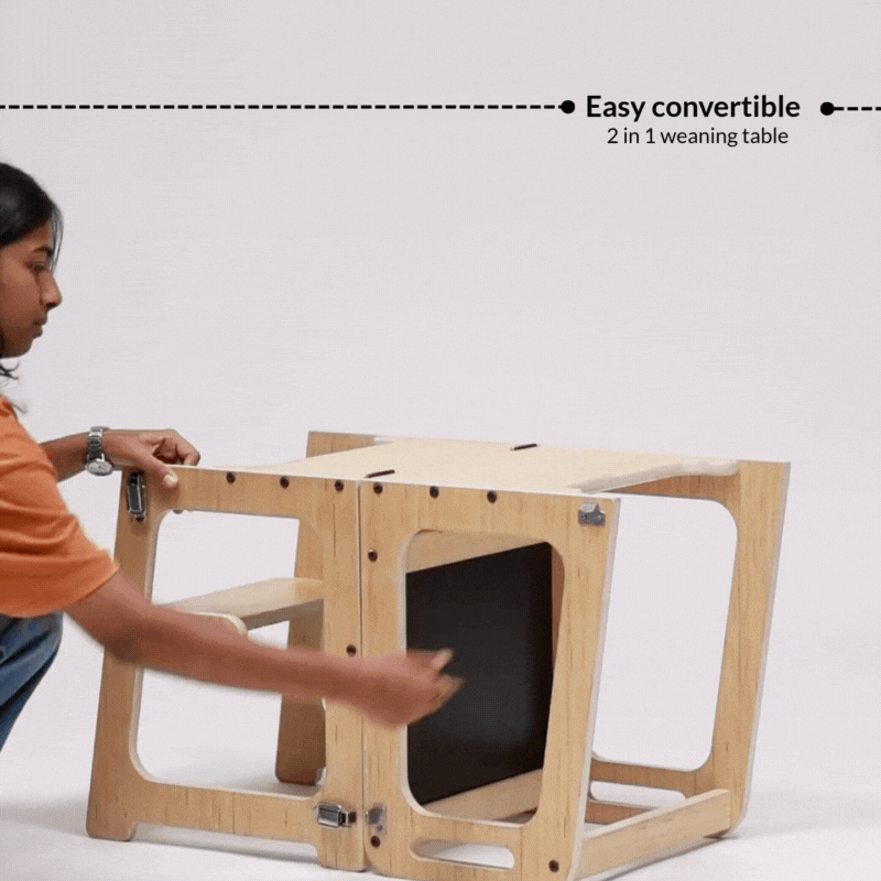 Ariro 2-in-1 convertible Montessori learning tower transforming into a weaning table for toddlers.