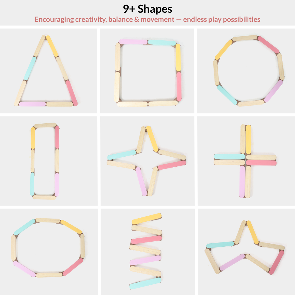 Different shapes created using Ariro Montessori balancing beam including triangle, square and circle for creative balance play.