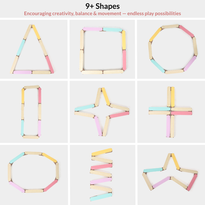 Different shapes created using Ariro Montessori balancing beam including triangle, square and circle for creative balance play.
