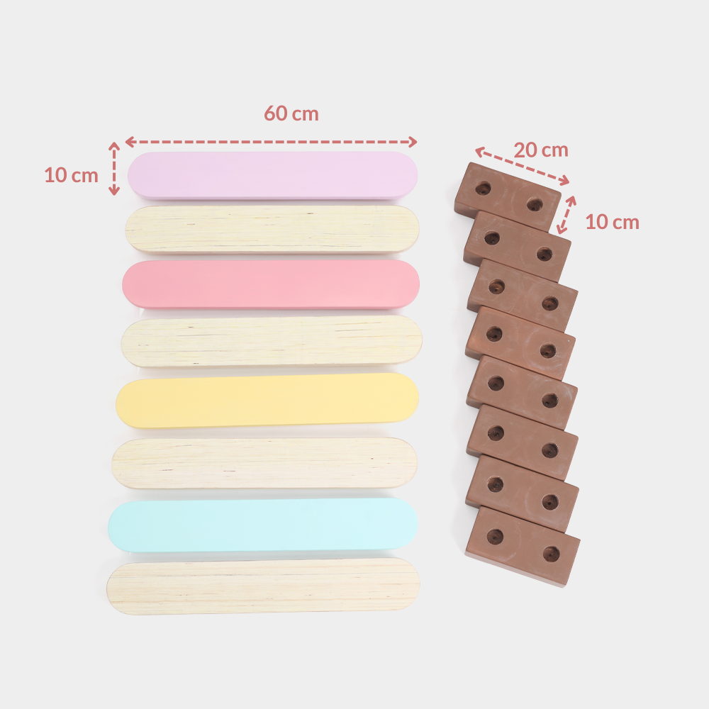 Dimensions of Ariro wooden balancing beam showing plank length and support block measurements for safe balance activities.