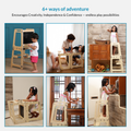 Different activities children can do with Ariro Montessori learning tower including kitchen help, drawing, climbing and play table use.
