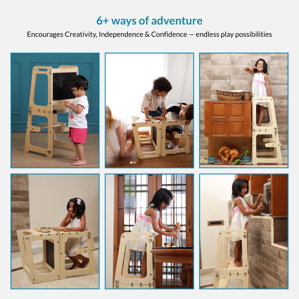 Different activities children can do with Ariro Montessori learning tower including kitchen help, drawing, climbing and play table use.