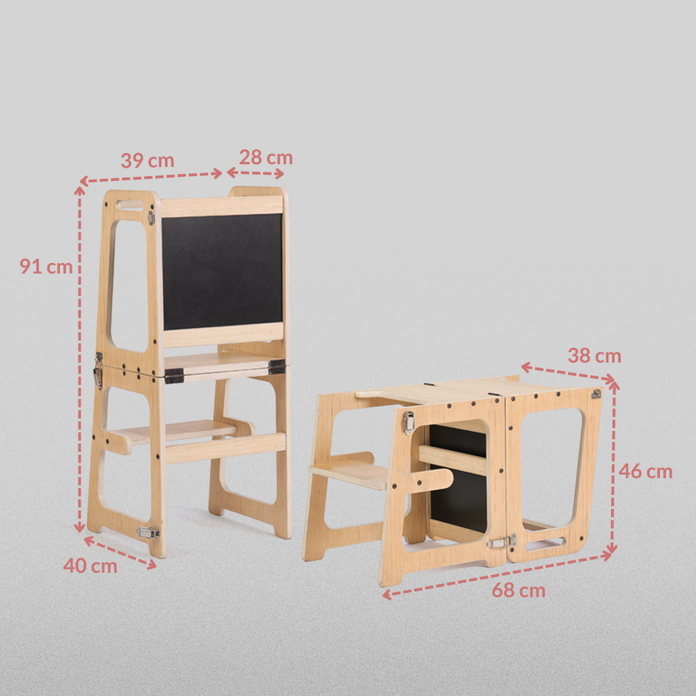 Dimensions of Ariro Montessori learning tower showing height, width and convertible table measurements.