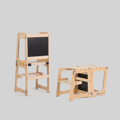 Front and convertible table view of Ariro Montessori learning tower showing its multifunction design.