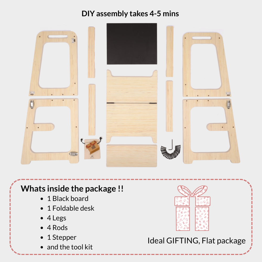 Ariro Montessori learning tower parts and assembly kit including foldable desk, rods, stepper and blackboard for toddler kitchen helper.