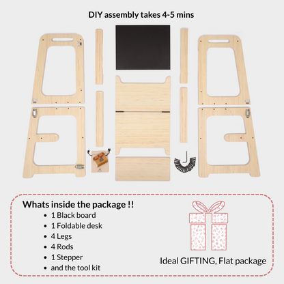 Ariro Montessori learning tower parts and assembly kit including foldable desk, rods, stepper and blackboard for toddler kitchen helper.