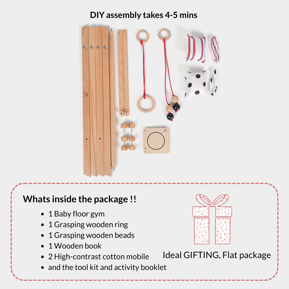 Ariro Montessori wooden baby floor gym components showing DIY assembly parts, grasping ring, wooden beads mobile, high-contrast pillows and wooden book included in the newborn play gym set.