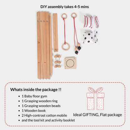 Ariro Montessori wooden baby floor gym components showing DIY assembly parts, grasping ring, wooden beads mobile, high-contrast pillows and wooden book included in the newborn play gym set.