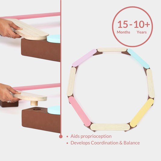 Ariro modular wooden balancing beam for kids arranged in a circular play setup that improves proprioception, coordination and balance skills ideal for 15months to 10years 