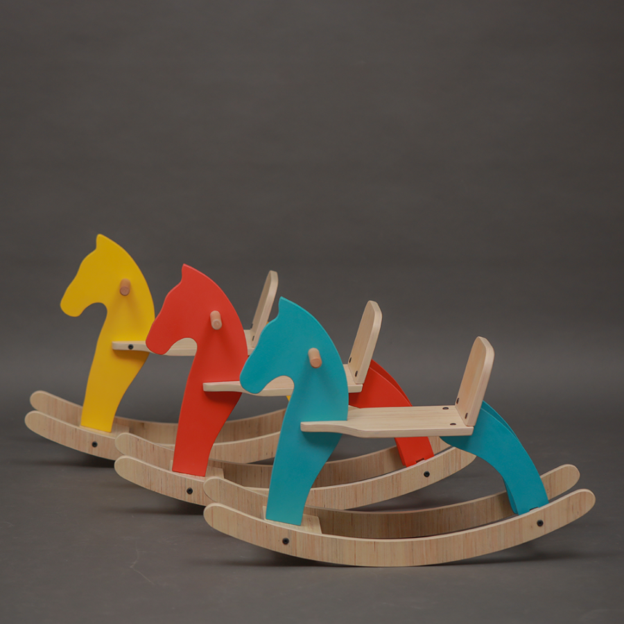 Montessori wooden rocking horse for toddlers aged 18 months to 5 years with backrest and footrest designed to develop balance and vestibular system.