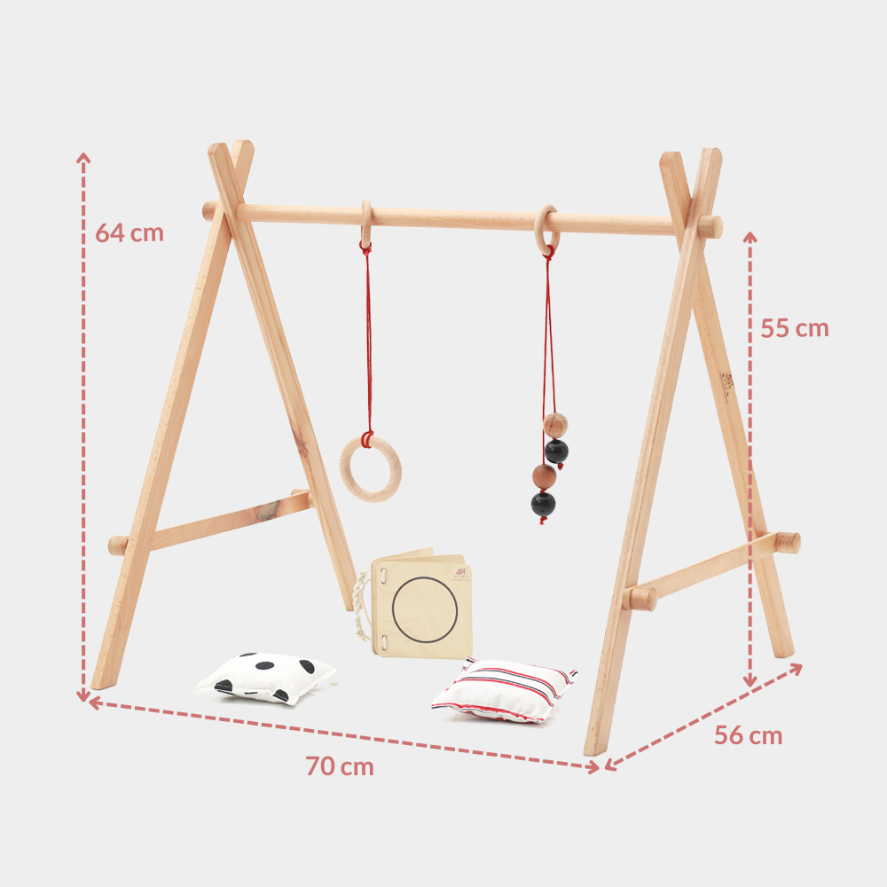 Ariro Montessori wooden baby floor gym showing dimensions and size measurements, designed for newborn sensory play, visual tracking and early motor development.