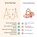 Comparison between Ariro Montessori wooden baby floor gym and commercial plastic baby play gym highlighting simple patterns, natural colours and developmental benefits for infants.