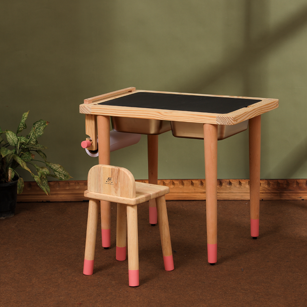 Ariro wooden Montessori sensory table with toddler stool, dual sensory bins and chalkboard activity surface designed for sensory play and creative learning for children.