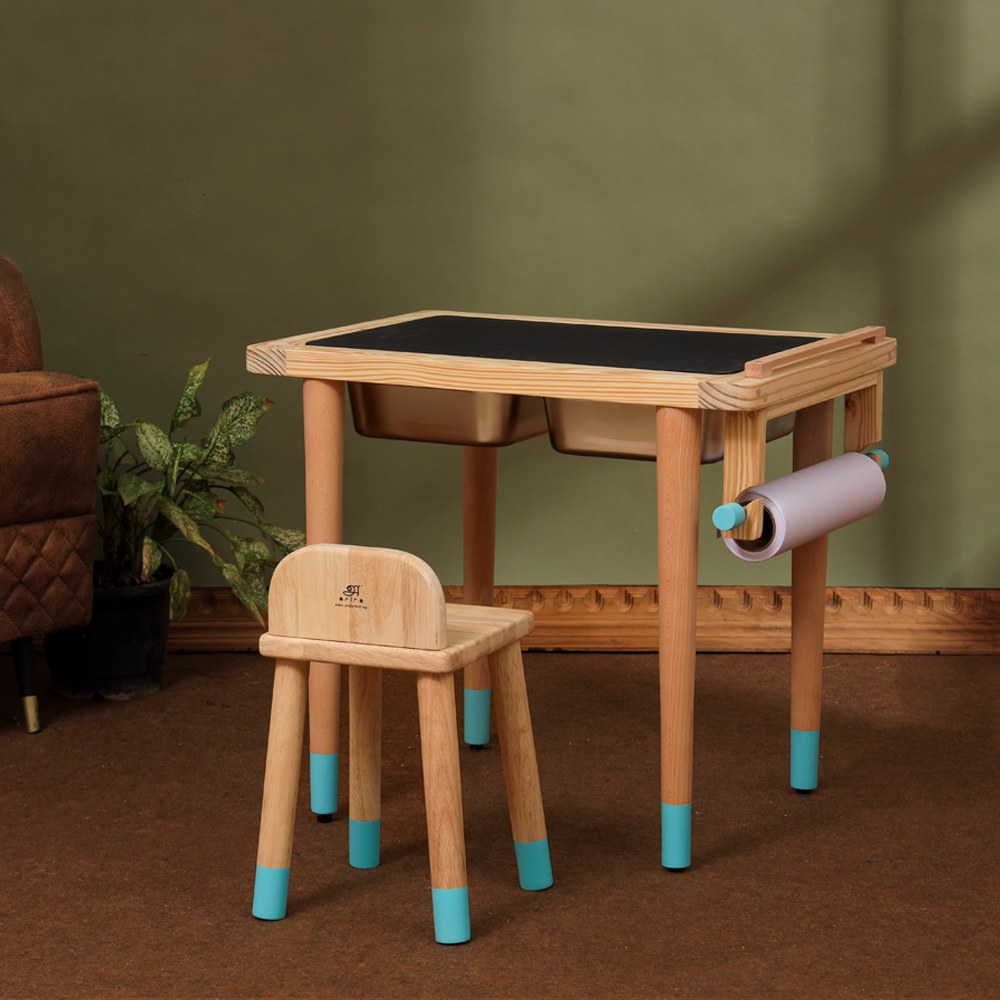 Ariro wooden Montessori sensory table with toddler stool, dual sensory bins and chalkboard activity surface designed for sensory play and creative learning for children.