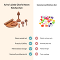 Comparison showing Ariro’s Little Chef’s Neem Kitchen Set made from natural neem wood versus plastic commercial kitchen toy sets, highlighting practical utility, minimalistic design and safe materials