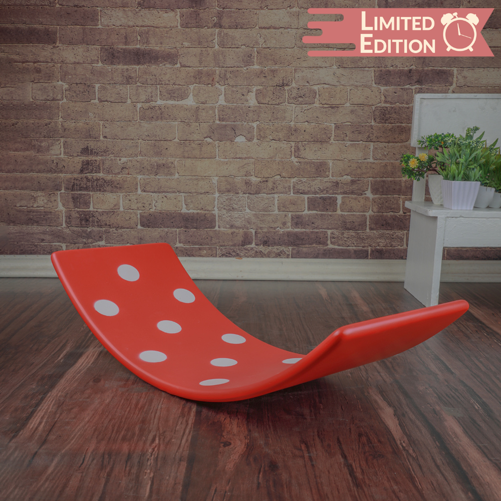 Ariro Red Polka Wooden Balancing Board, a Montessori wobble board designed to improve balance, core strength and gross motor skills through open-ended play.