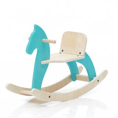 Blue Montessori wooden rocking horse toy for toddlers with ergonomic seat and smooth rocking base.