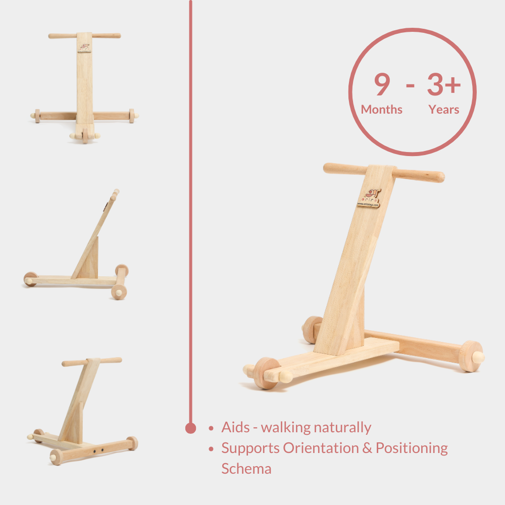 Ariro traditional push wagon wooden baby walker designed to support natural walking and orientation schema for babies 9 months and above.