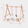 Dimensions of Ariro wooden Montessori baby floor gym showing height, width and base measurements designed for infant gross motor development and visual play