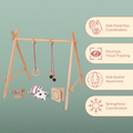 Ariro wooden Montessori baby floor gym with hanging toys designed to develop hand-eye coordination, visual tracking, spatial awareness and early motor skills in infants