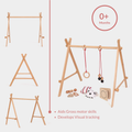 Ariro wooden baby floor gym for infants 0 months and above designed to support gross motor development and visual tracking with hanging Montessori toys