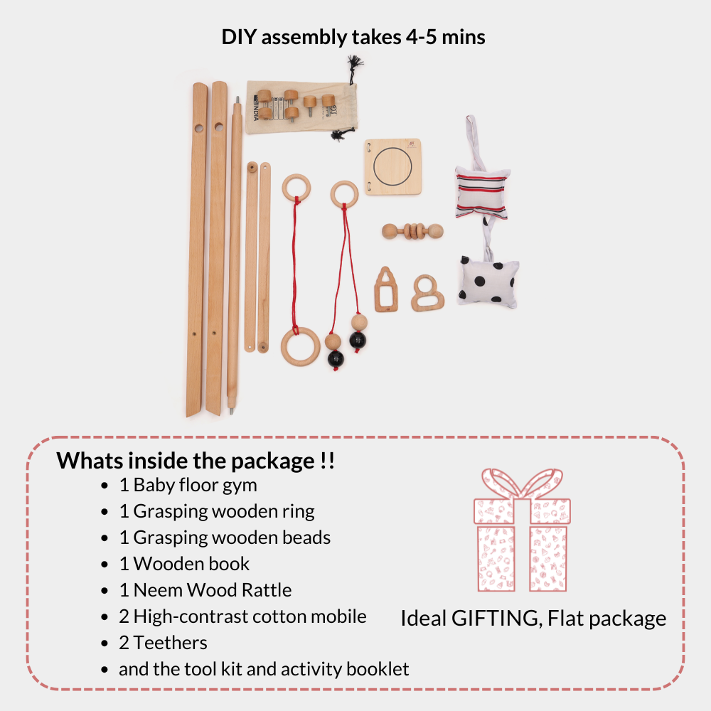 Contents of Ariro Montessori wooden baby floor gym package including floor gym frame, grasping ring, wooden beads, wooden book, neem wood rattle, high-contrast cotton mobiles, teethers, tool kit and activity booklet