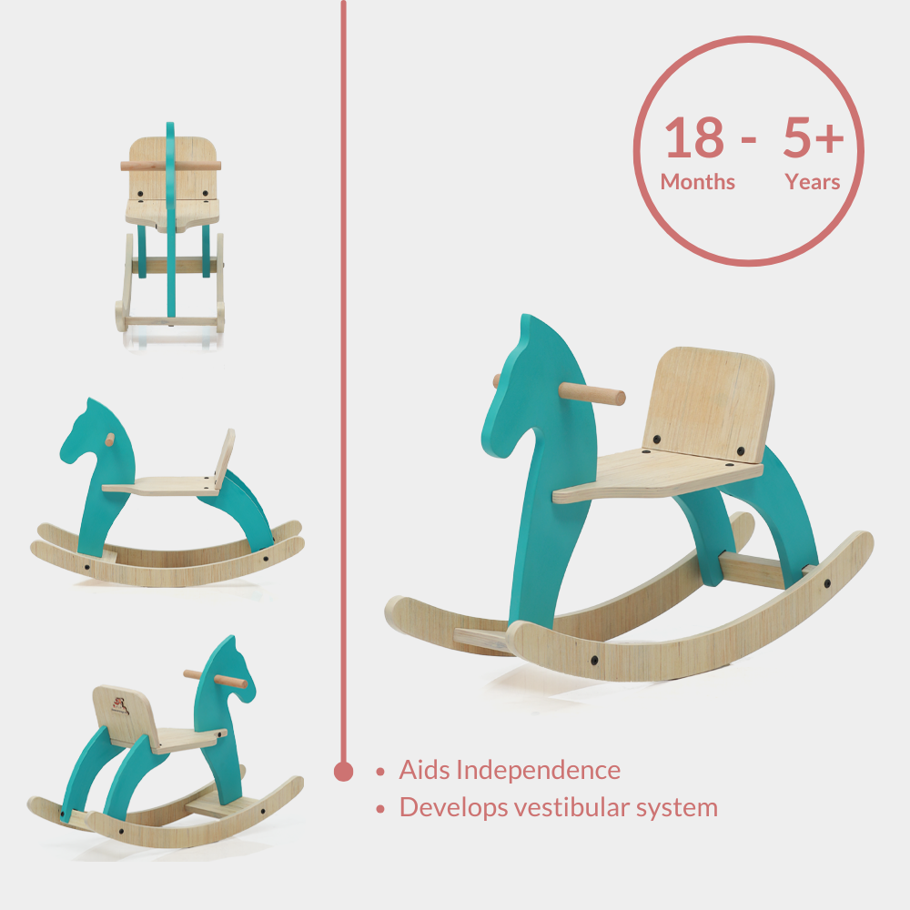 Ariro Montessori wooden rocking horse available in teal, red and yellow colours for toddlers.